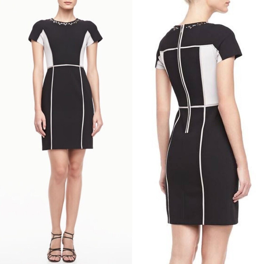 NWT Rebecca Taylor Two-Tone Crepe Colorblock Embellished Mini Black Dress